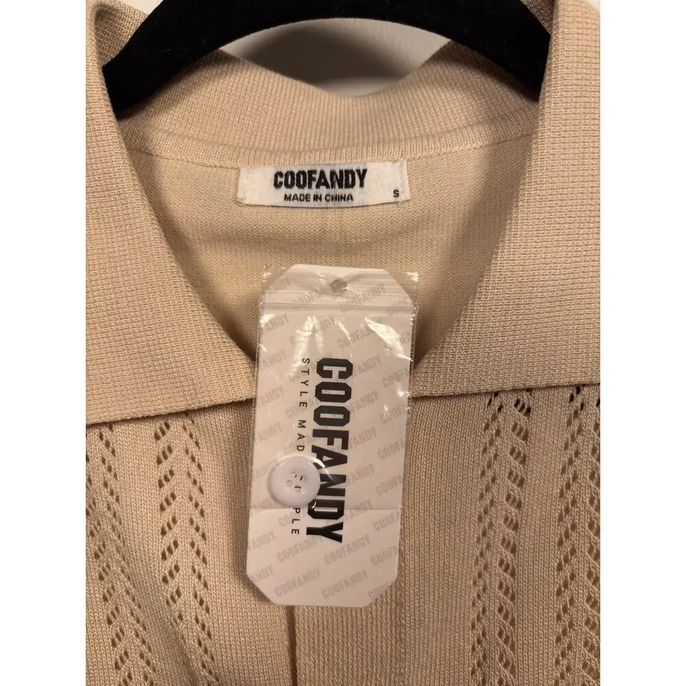 COOFANDY Polo Shirt Mens Small Tan Knit Button Down Short Sleeve Viscose NWT